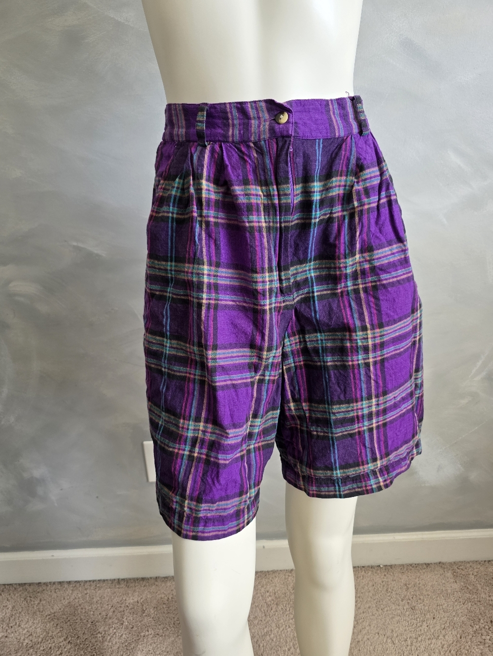 Vintage Cotton Purple Plaid Shorts High Waisted Sz 8 Preppy